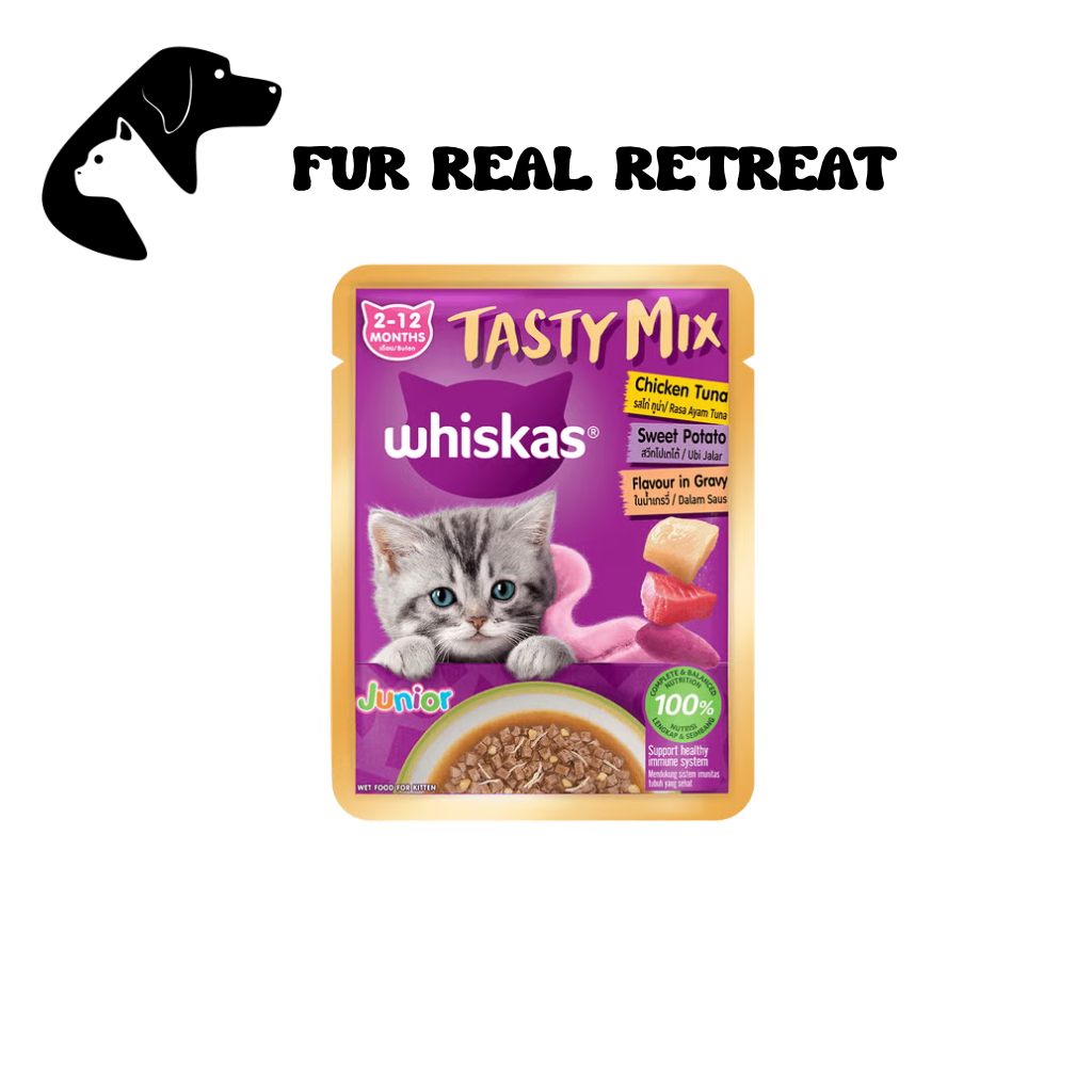 FUR REAL WHISKAS CAT POUCH Tasty Mix Gravy Chicken Tuna Sweet Potato 70g