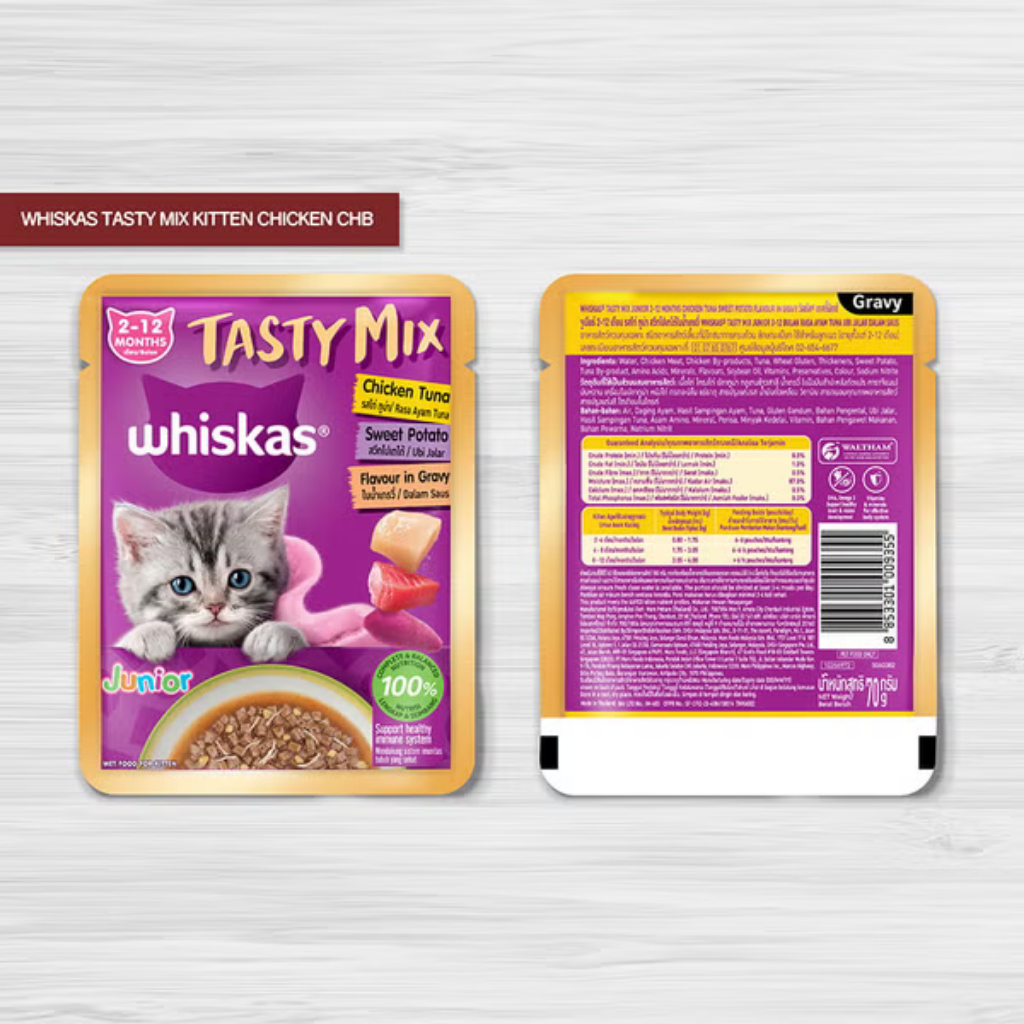 FUR REAL WHISKAS CAT POUCH Tasty Mix Gravy Chicken Tuna Sweet Potato 70g